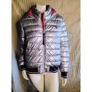 Tommy Hilfiger Womens Metallic Silver Puffer Jacket With Hood Logo On Sleeves Ri